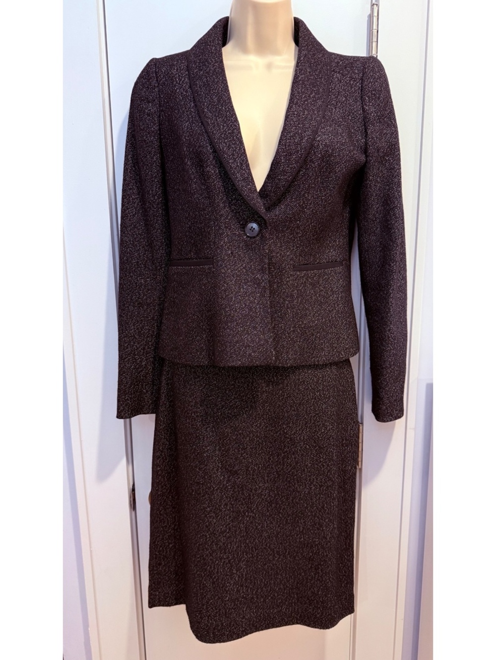 Ann Taylor Black w Beige Tweed Women's Skirt Suit with Single Button Blazer